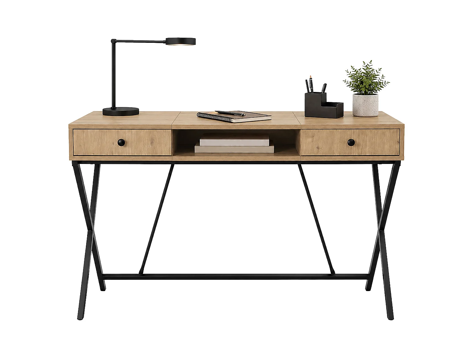 Bureau informatique industriel Chêne Artisan CROSSLINE 120 cm 2 tiroirs 1 étagère pieds noirs