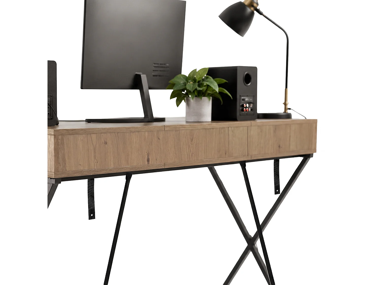 Bureau informatique industriel Chêne Artisan CROSSLINE 120 cm 2 tiroirs 1 étagère pieds noirs