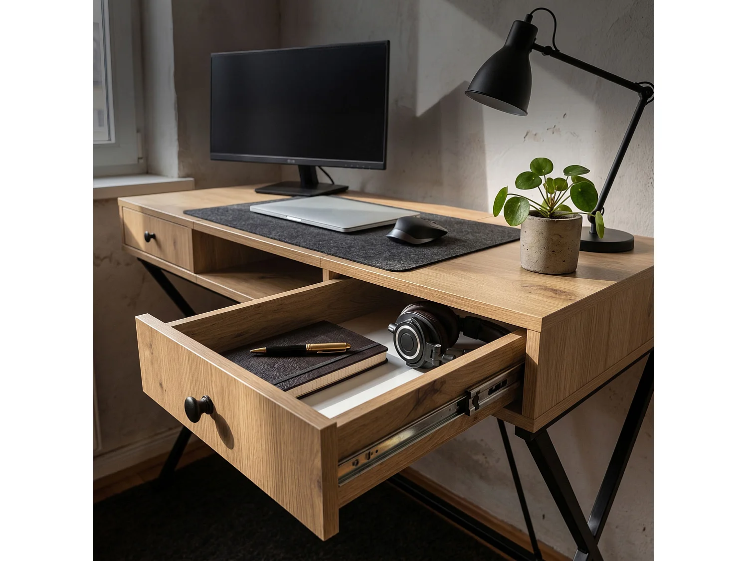 Bureau informatique industriel Chêne Artisan CROSSLINE 120 cm 2 tiroirs 1 étagère pieds noirs