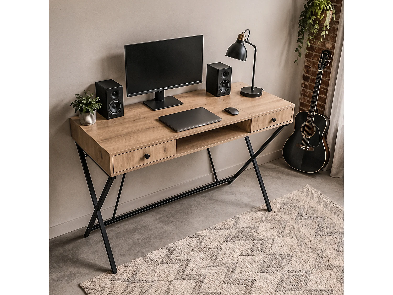 Bureau informatique industriel Chêne Artisan CROSSLINE 120 cm 2 tiroirs 1 étagère pieds noirs