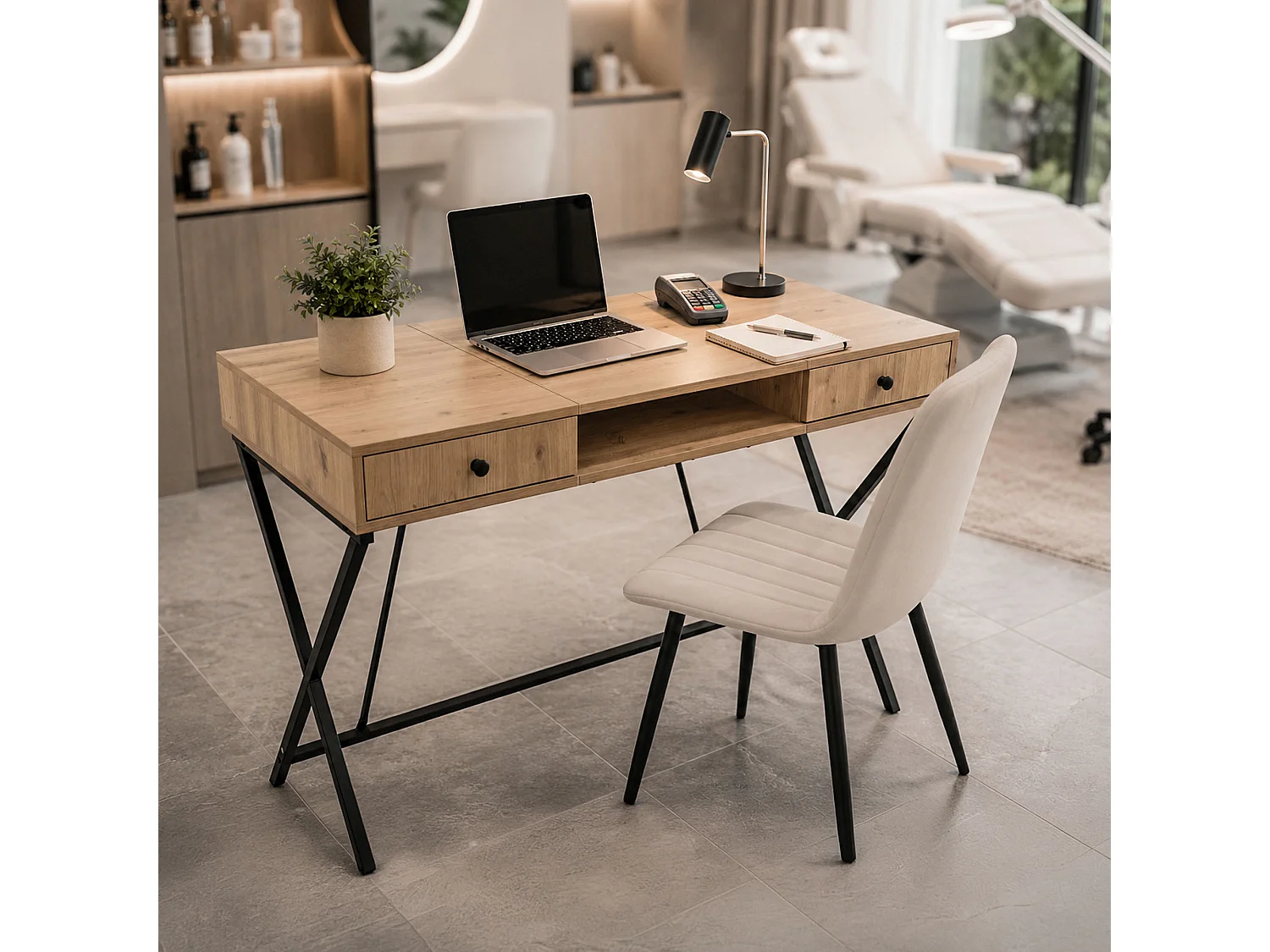 Bureau informatique industriel Chêne Artisan CROSSLINE 120 cm 2 tiroirs 1 étagère pieds noirs