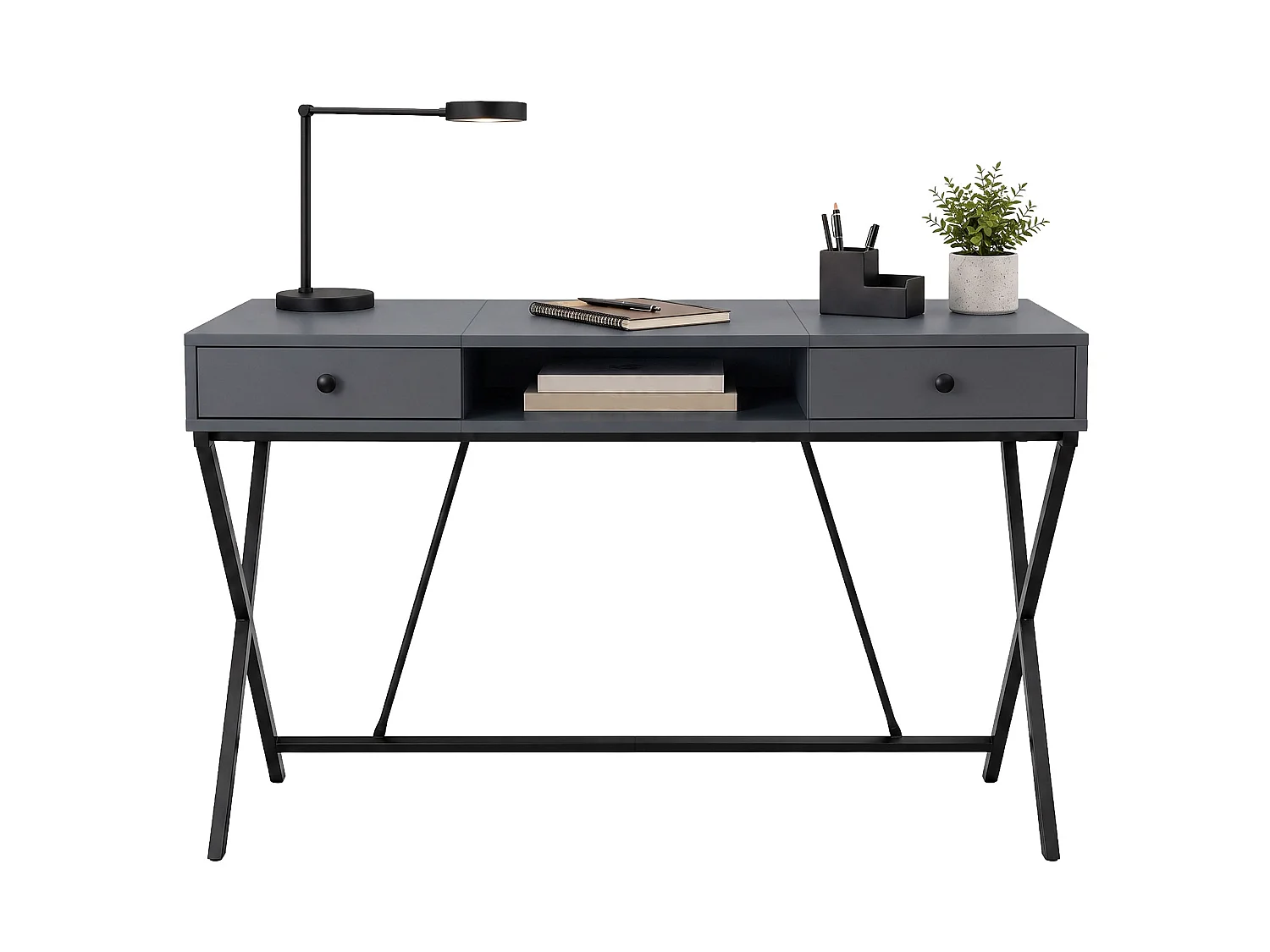 Computertafel Bureau Industrieel Grafiet CROSSLINE 120 cm 2 Lades 1 Plank Zwarte Poten