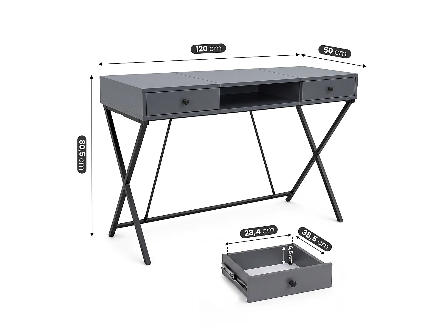 Computertafel Bureau Industrieel Grafiet CROSSLINE 120 cm 2 Lades 1 Plank Zwarte Poten