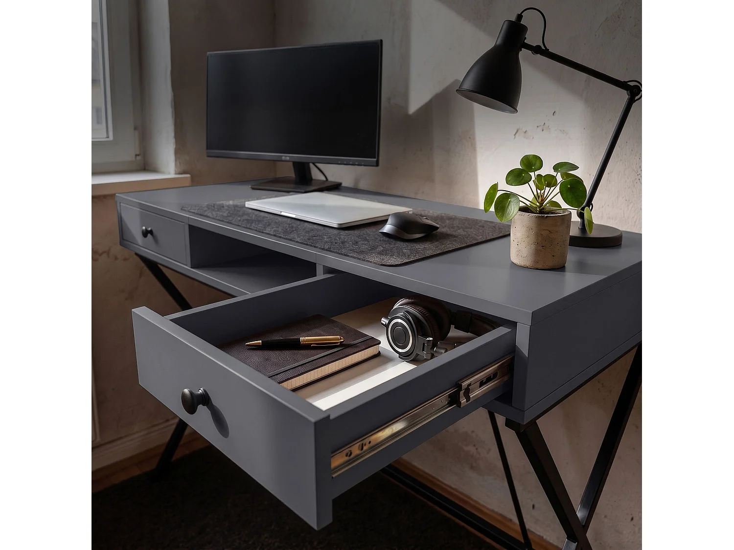 Computertafel Bureau Industrieel Grafiet CROSSLINE 120 cm 2 Lades 1 Plank Zwarte Poten