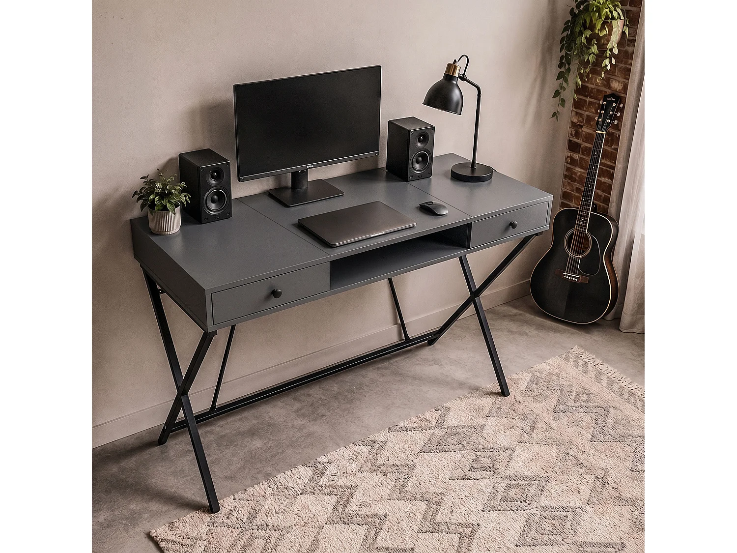 Computertafel Bureau Industrieel Grafiet CROSSLINE 120 cm 2 Lades 1 Plank Zwarte Poten