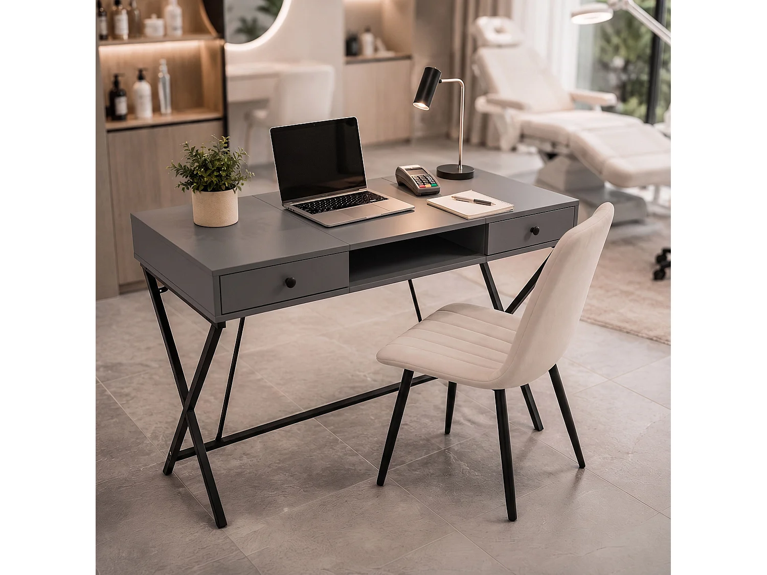 Computertafel Bureau Industrieel Grafiet CROSSLINE 120 cm 2 Lades 1 Plank Zwarte Poten