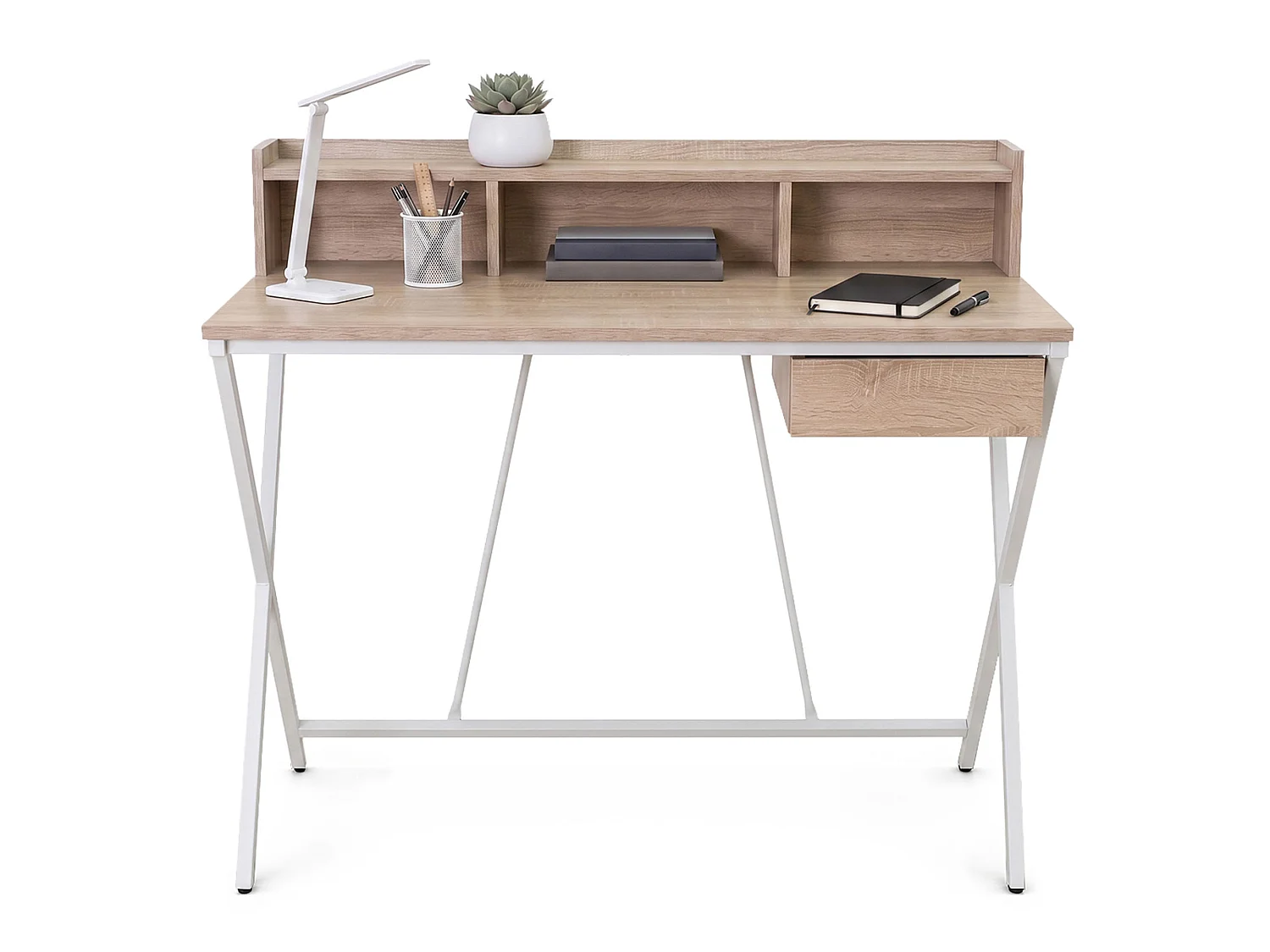 Computertafel Bureau Industrieel Eiken Sonoma FLEXO 100 cm 1 Lade 1 Plank Witte Poten
