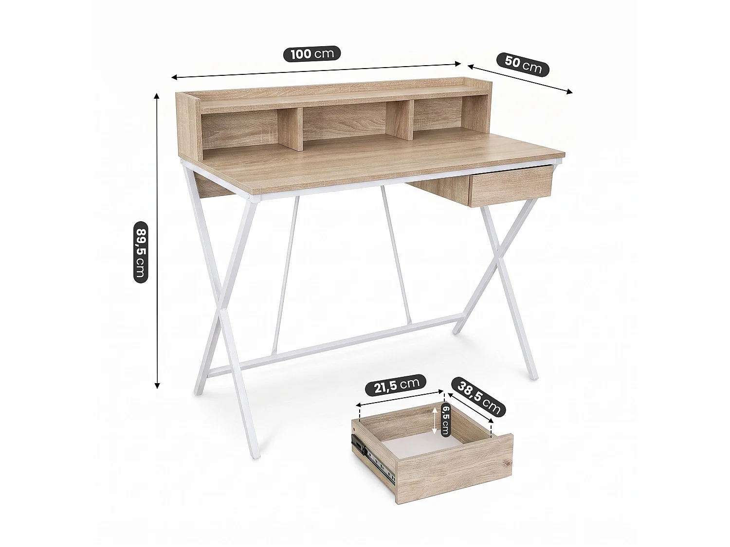 Computertafel Bureau Industrieel Eiken Sonoma FLEXO 100 cm 1 Lade 1 Plank Witte Poten