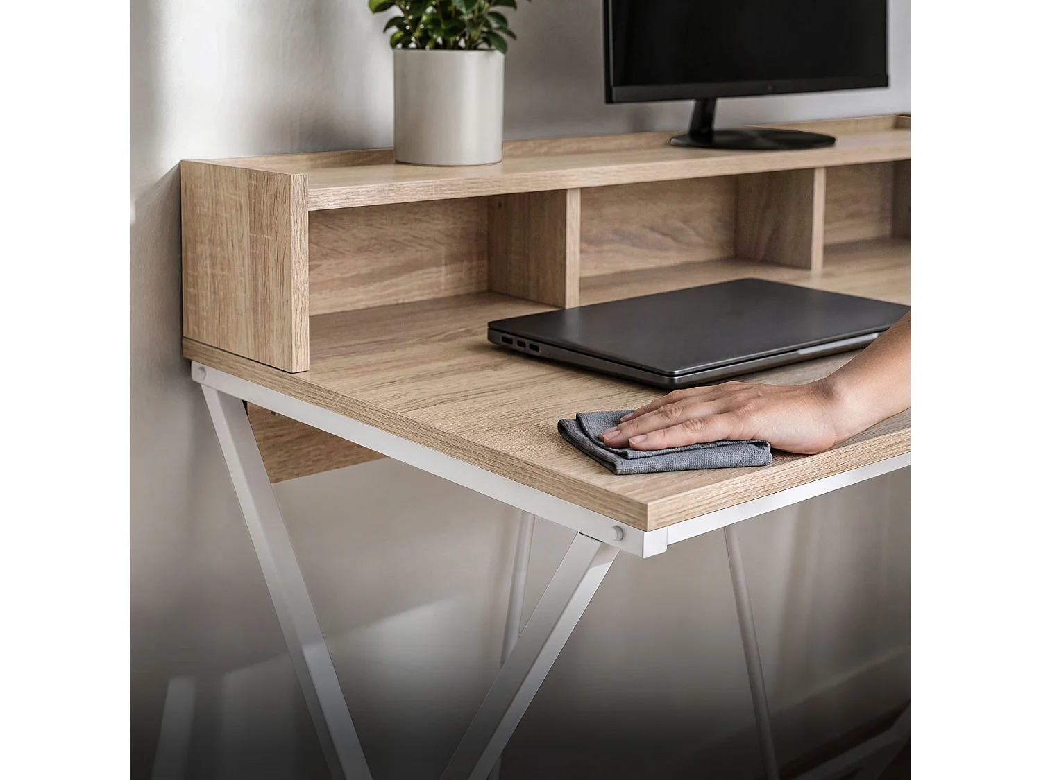 Computertafel Bureau Industrieel Eiken Sonoma FLEXO 100 cm 1 Lade 1 Plank Witte Poten