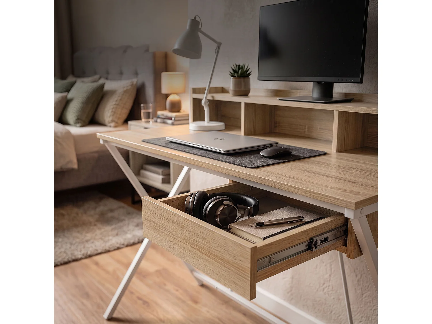 Computertafel Bureau Industrieel Eiken Sonoma FLEXO 100 cm 1 Lade 1 Plank Witte Poten