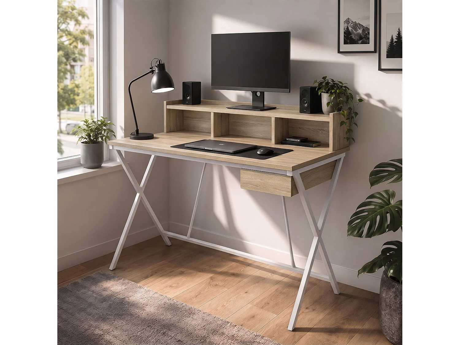 Computertafel Bureau Industrieel Eiken Sonoma FLEXO 100 cm 1 Lade 1 Plank Witte Poten