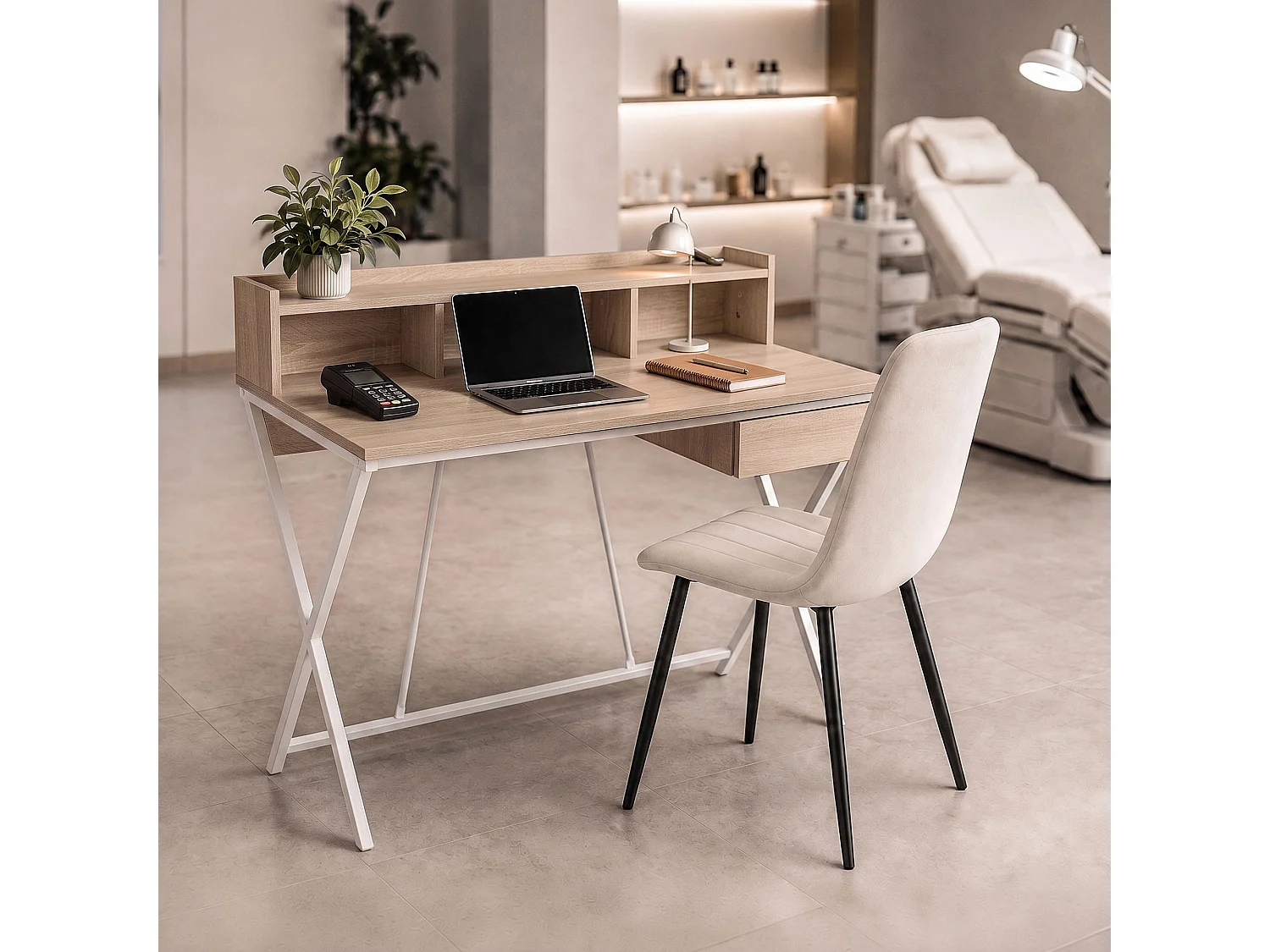 Computertafel Bureau Industrieel Eiken Sonoma FLEXO 100 cm 1 Lade 1 Plank Witte Poten