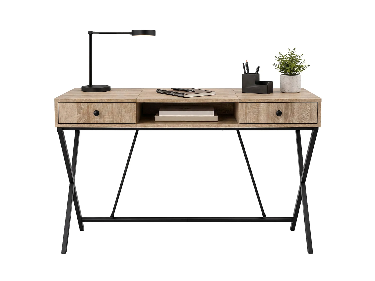 Computertafel Bureau Industrieel Eiken Sonoma CROSSLINE 120 cm 2 Lades 1 Plank Zwarte Poten