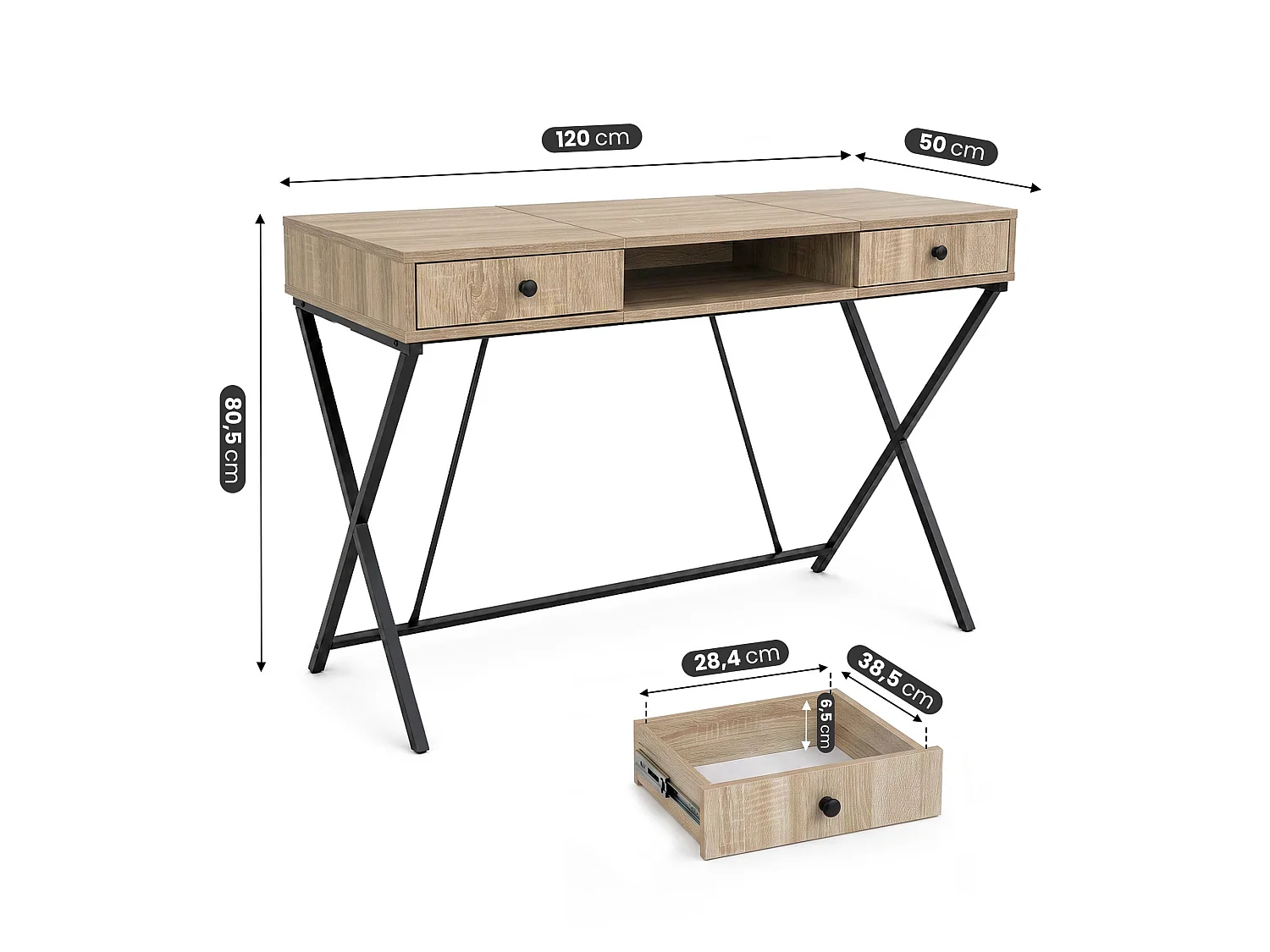 Computertafel Bureau Industrieel Eiken Sonoma CROSSLINE 120 cm 2 Lades 1 Plank Zwarte Poten