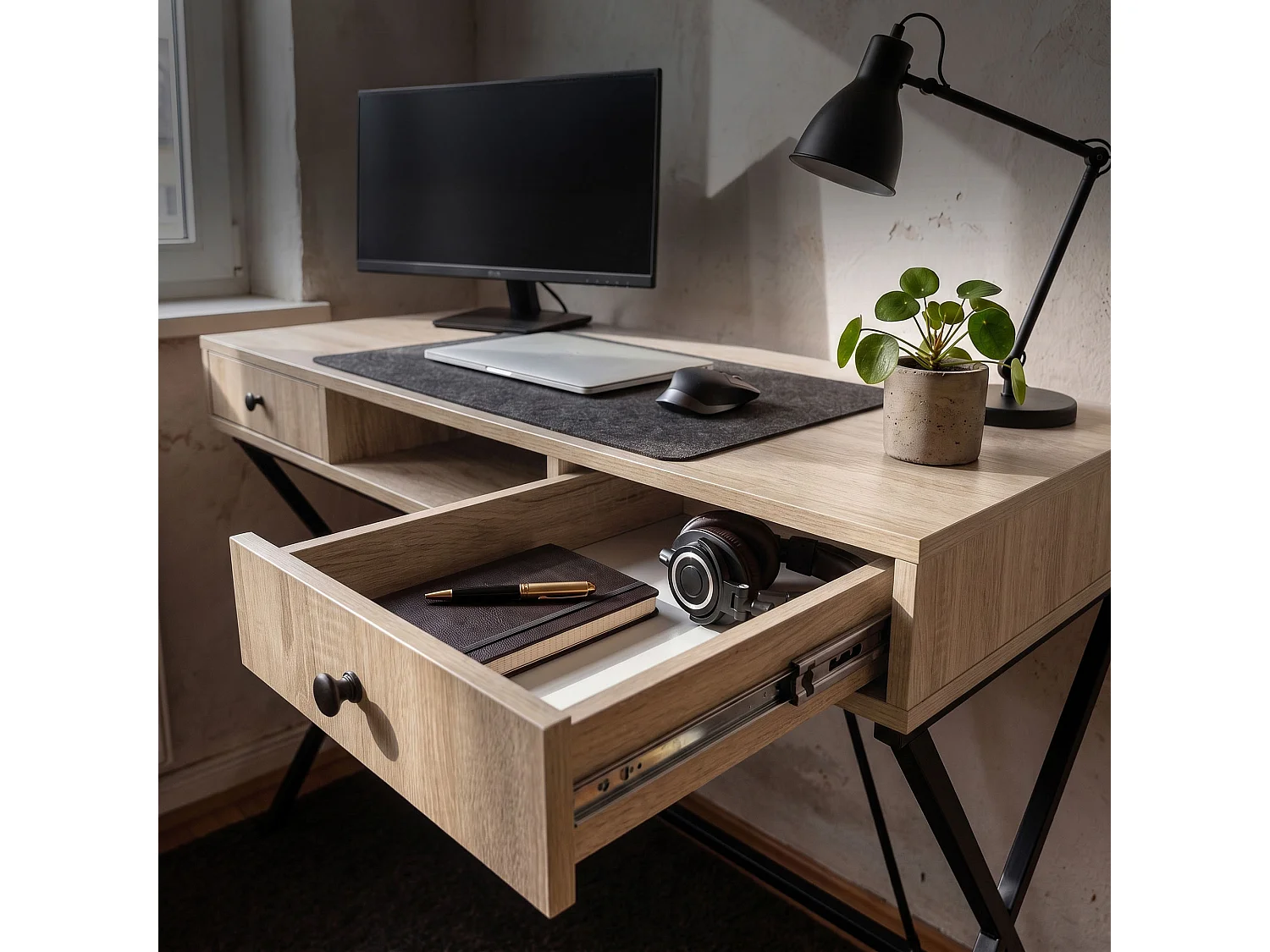 Computertafel Bureau Industrieel Eiken Sonoma CROSSLINE 120 cm 2 Lades 1 Plank Zwarte Poten