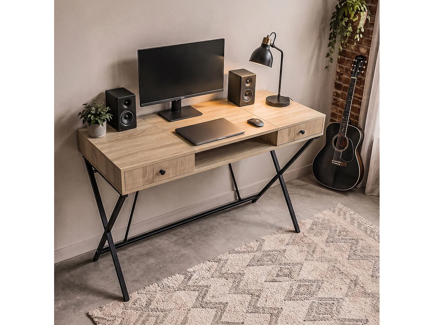 Computertafel Bureau Industrieel Eiken Sonoma CROSSLINE 120 cm 2 Lades 1 Plank Zwarte Poten