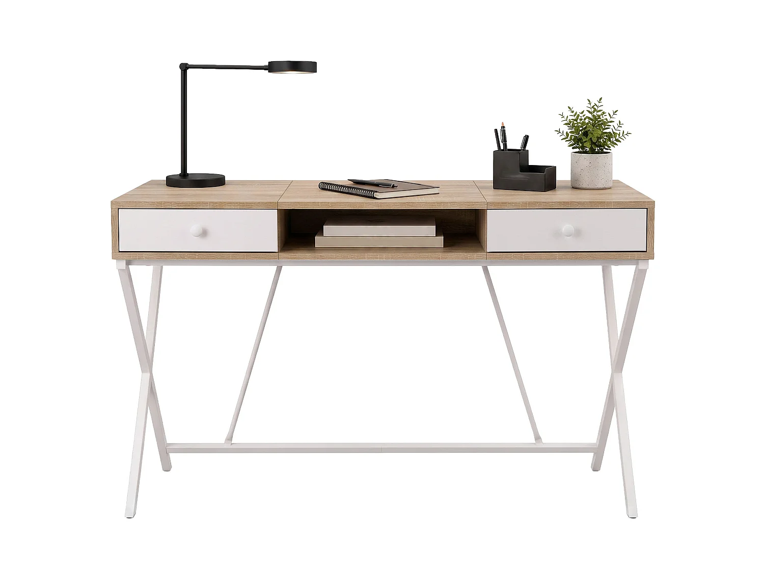 Computertafel Bureau Industrieel Eiken Sonoma CROSSLINE 120 cm 2 Lades 1 Plank Witte Poten