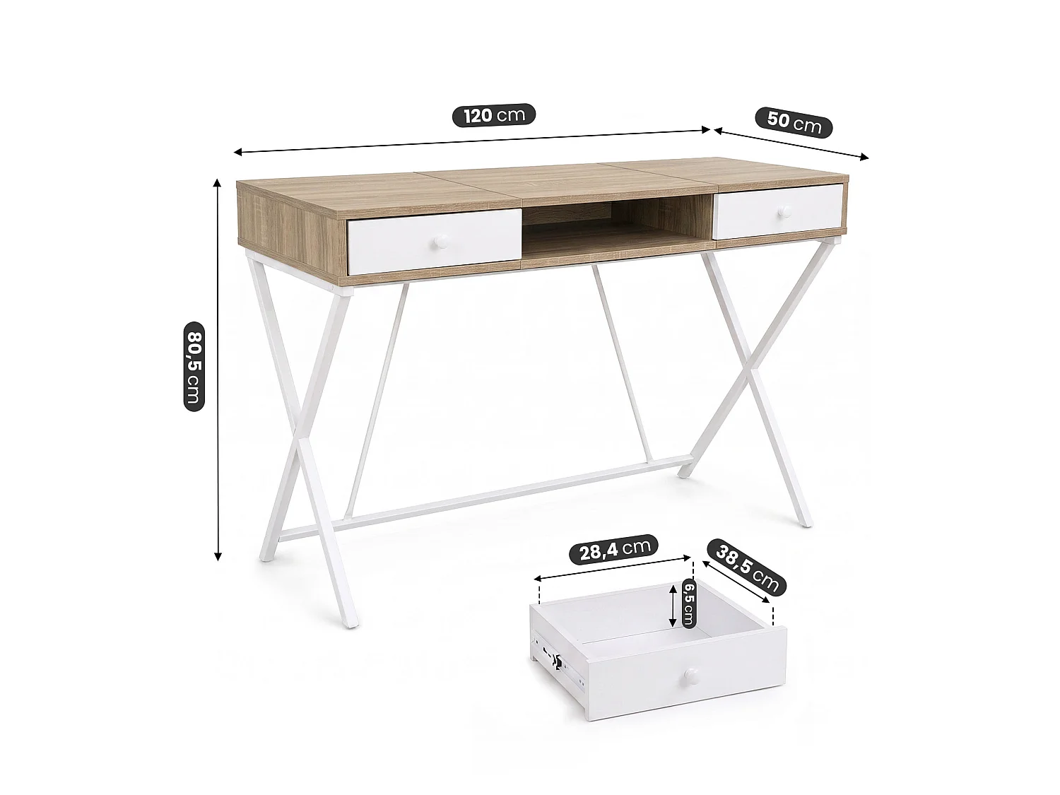 Computertafel Bureau Industrieel Eiken Sonoma CROSSLINE 120 cm 2 Lades 1 Plank Witte Poten