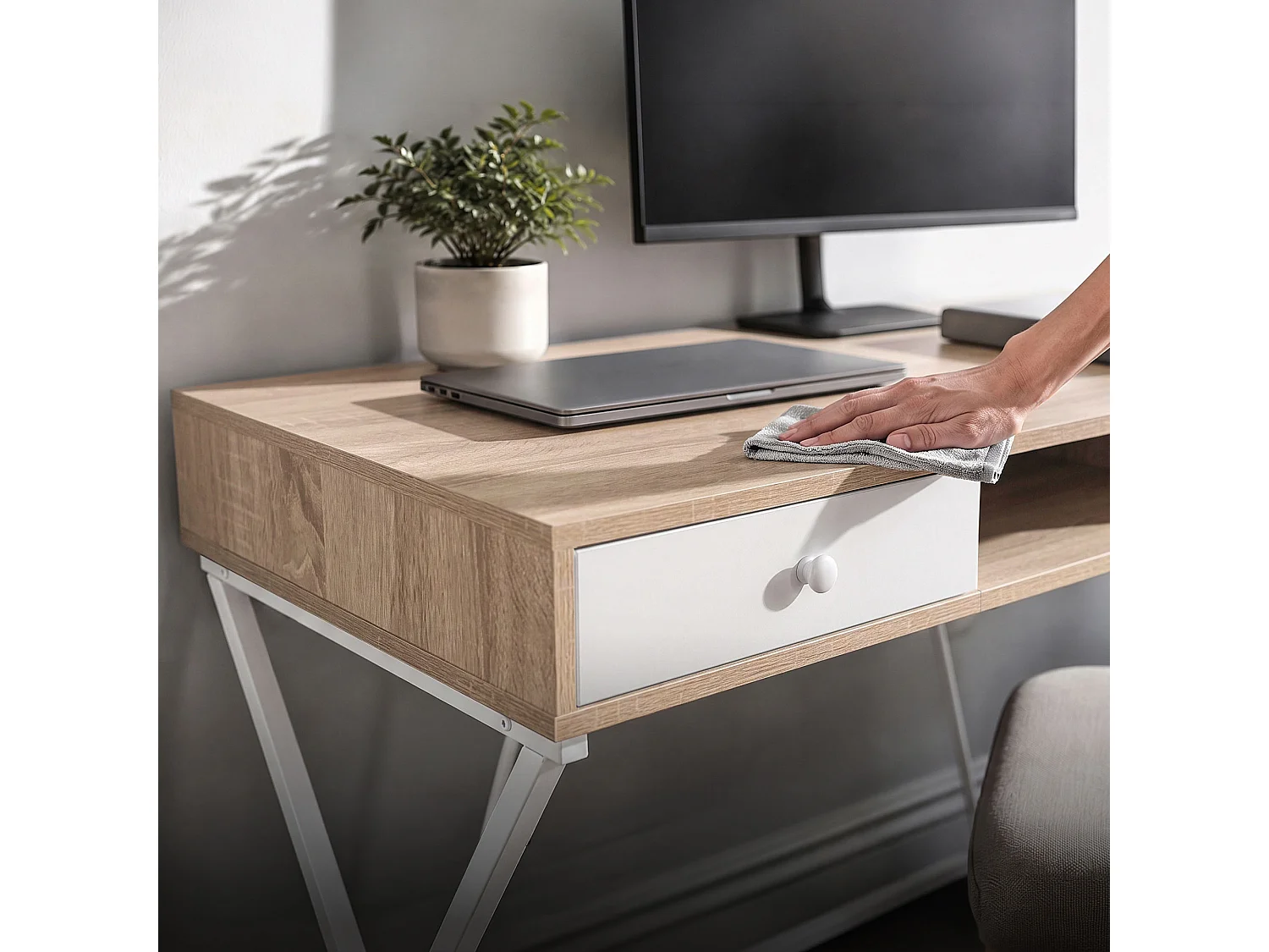 Computertafel Bureau Industrieel Eiken Sonoma CROSSLINE 120 cm 2 Lades 1 Plank Witte Poten