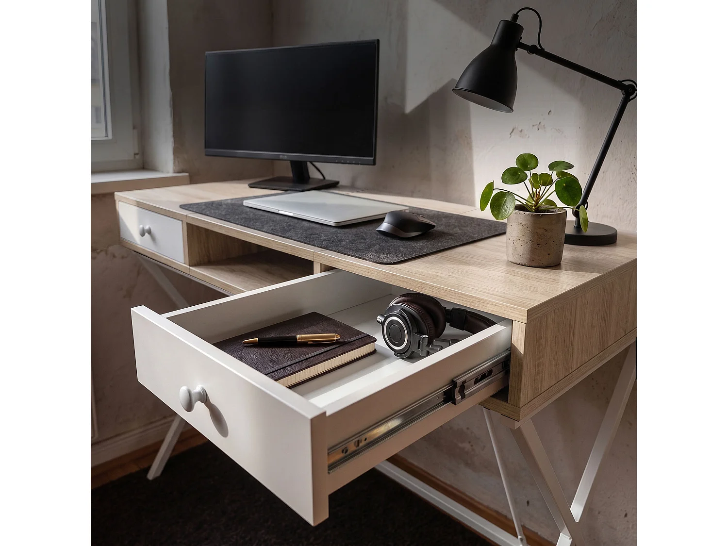 Computertafel Bureau Industrieel Eiken Sonoma CROSSLINE 120 cm 2 Lades 1 Plank Witte Poten
