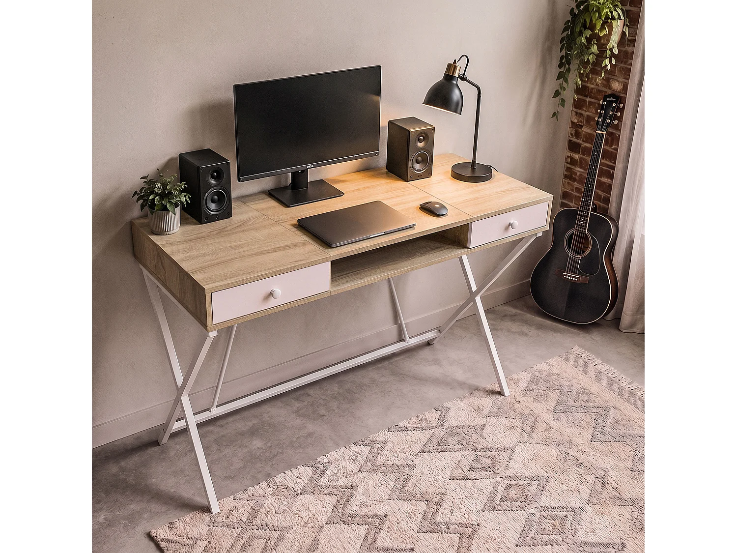 Computertafel Bureau Industrieel Eiken Sonoma CROSSLINE 120 cm 2 Lades 1 Plank Witte Poten