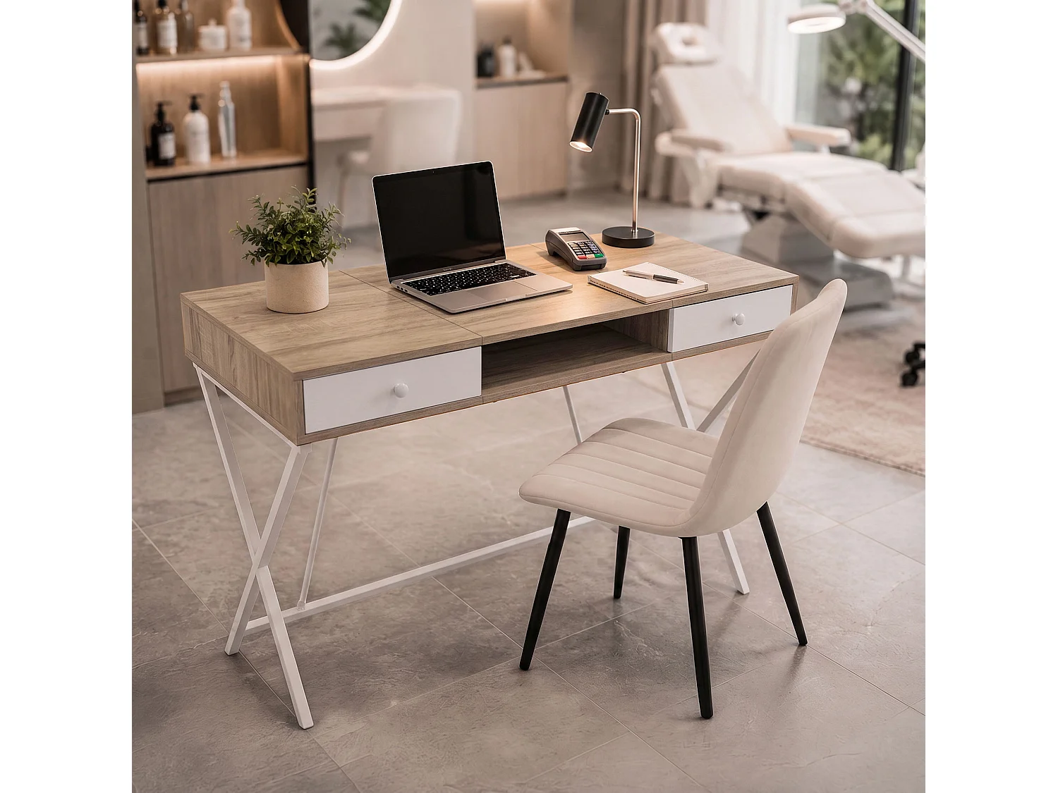 Computertafel Bureau Industrieel Eiken Sonoma CROSSLINE 120 cm 2 Lades 1 Plank Witte Poten