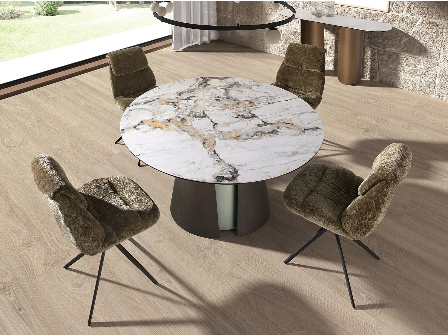 Table de salle à manger ronde en marbre céramique, chêne cendré foncé et bois couleur argent 1201 ANGEL CERDA