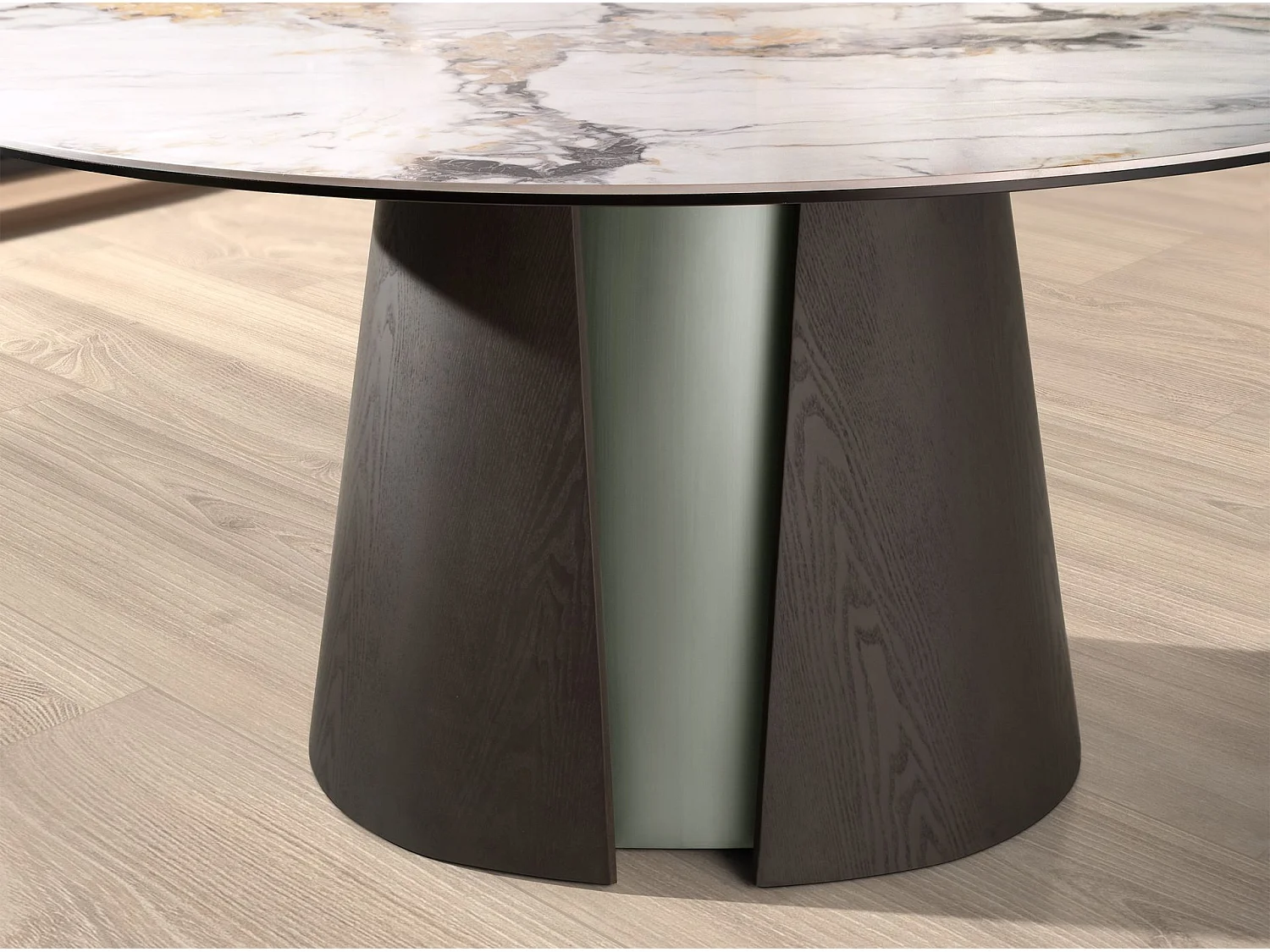 Table de salle à manger ronde en marbre céramique, chêne cendré foncé et bois couleur argent 1201 ANGEL CERDA