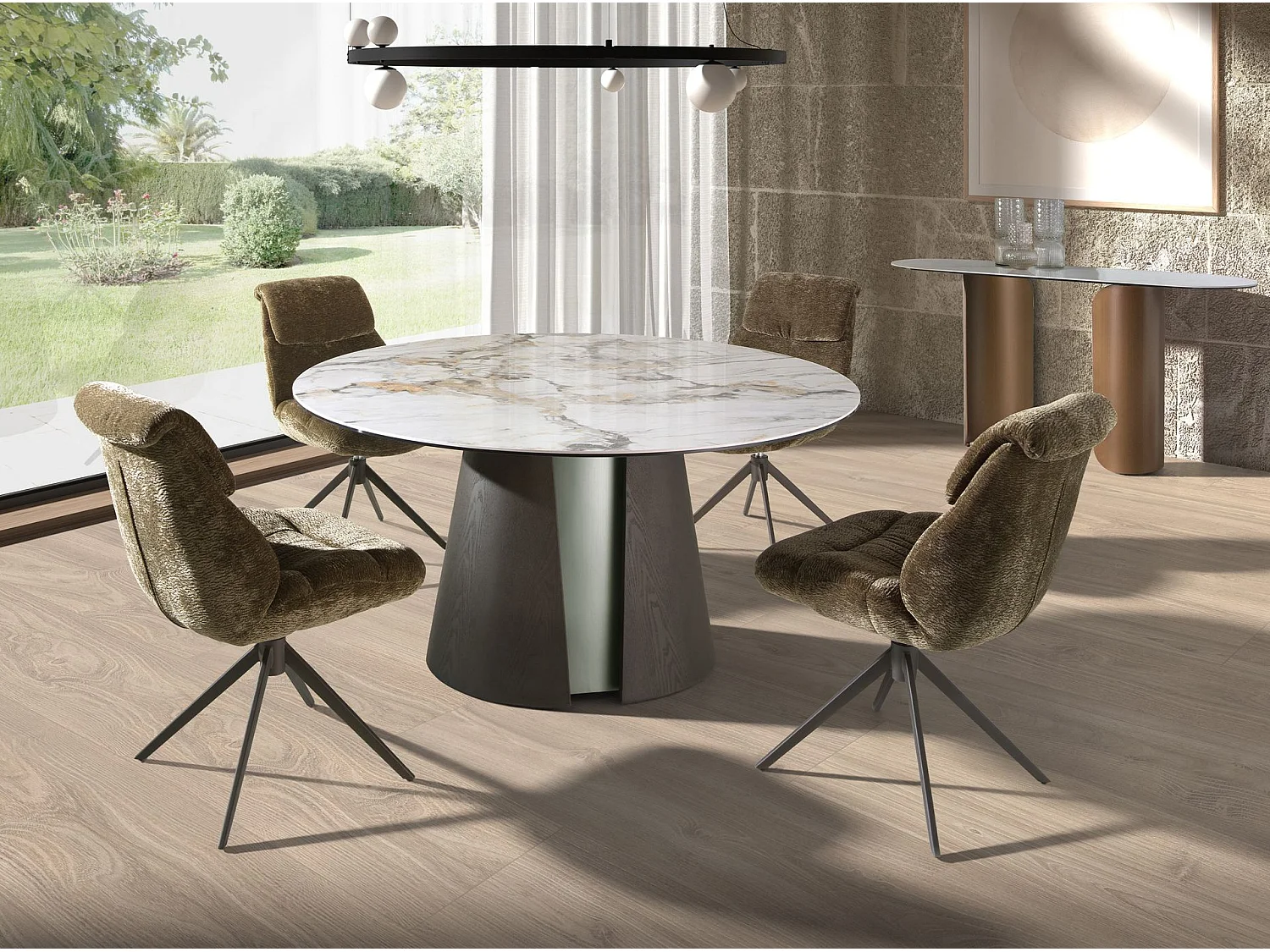 Table de salle à manger ronde en marbre céramique, chêne cendré foncé et bois couleur argent 1201 ANGEL CERDA