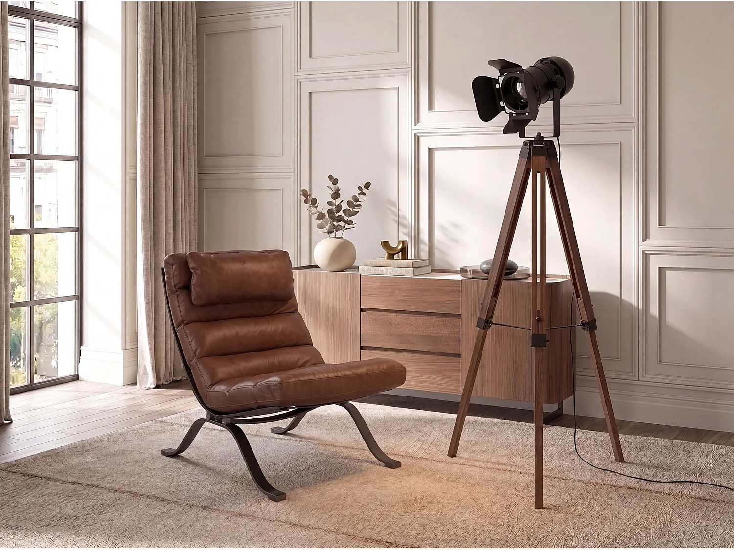 Lampadaire en acier noir et bois de pin couleur noyer 8109 THE LUMINE