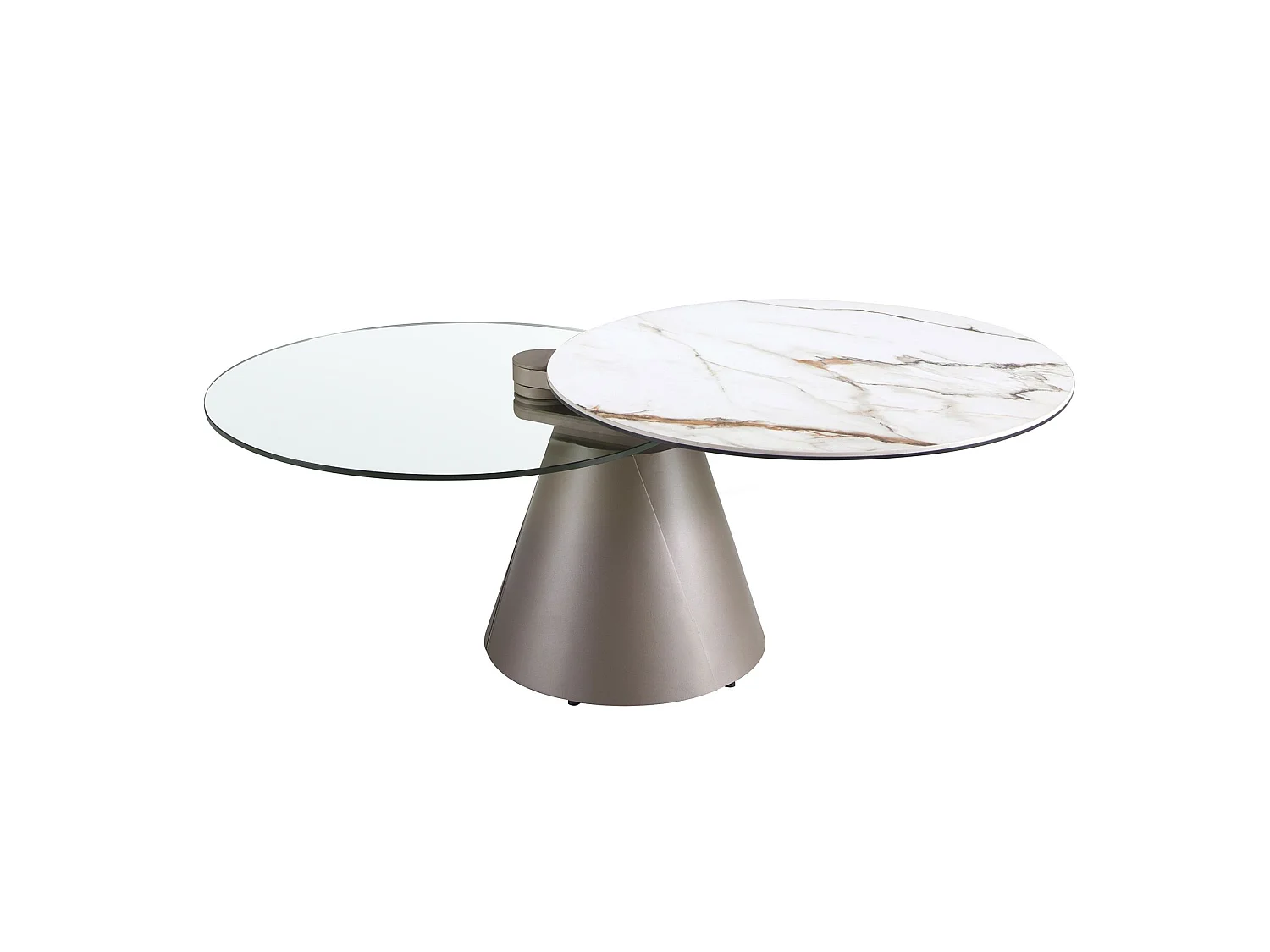 Rozkładany okrągły stolik kawowy ze szkła hartowanego, marmuru porcelanowego i stali w kolorze srebrnoszarym 2169 ANGEL CERDA