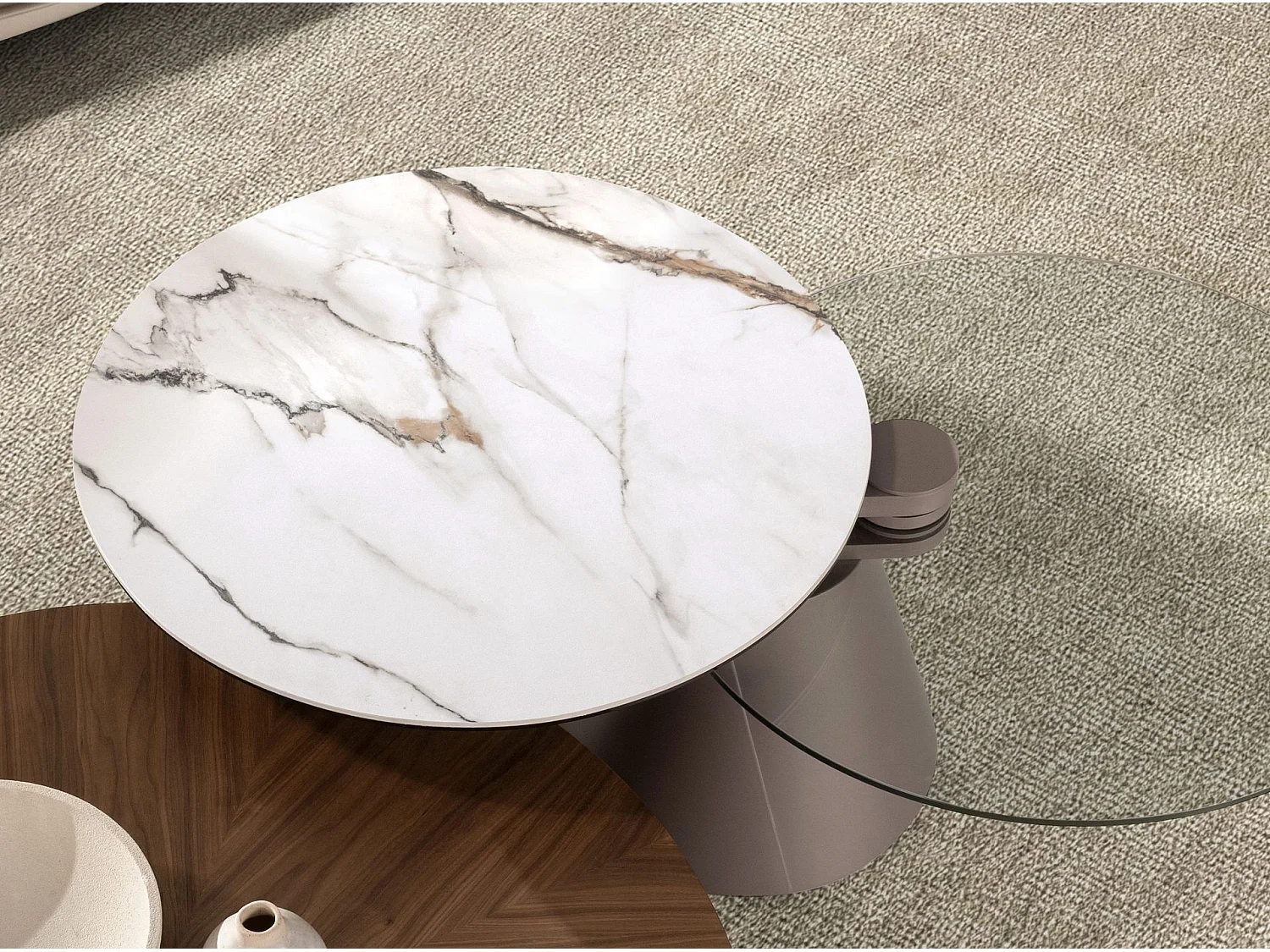 Rozkładany okrągły stolik kawowy ze szkła hartowanego, marmuru porcelanowego i stali w kolorze srebrnoszarym 2169 ANGEL CERDA