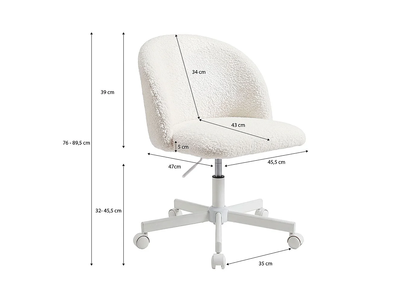 Silla de escritorio tapizada en borreguito blanco 76-89,5 cm Candy Blanco