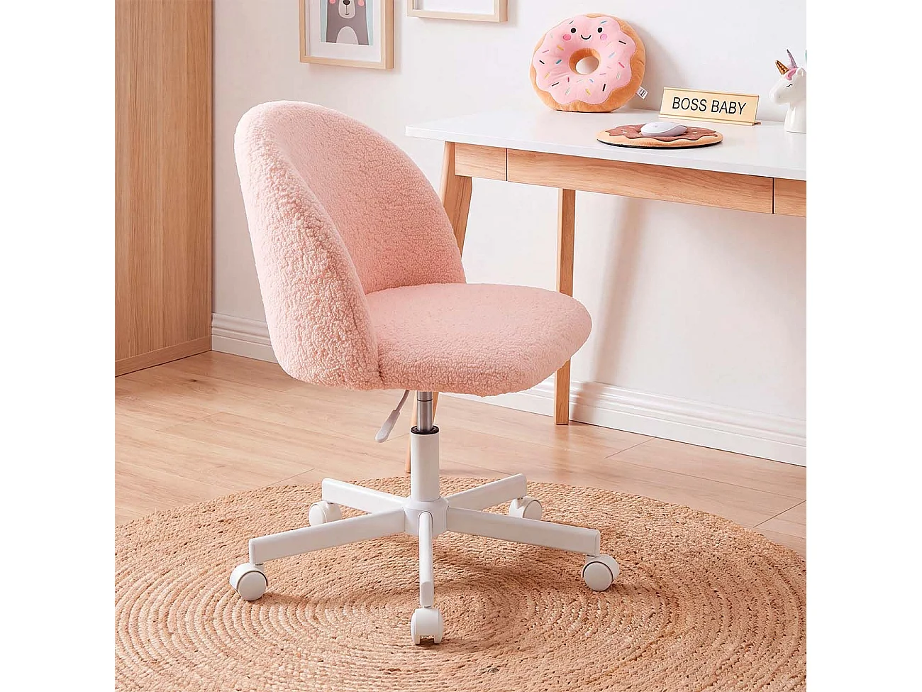 Silla de escritorio tapizada en borreguito rosa empolvado 76-89,5 cm Candy Rosa Empolvado