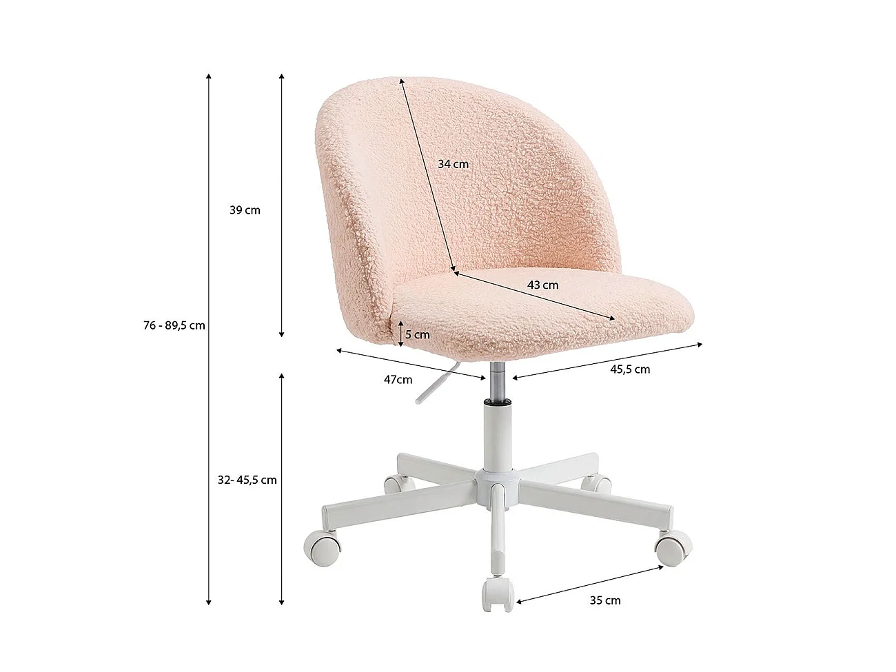 Silla de escritorio tapizada en borreguito rosa empolvado 76-89,5 cm Candy Rosa Empolvado
