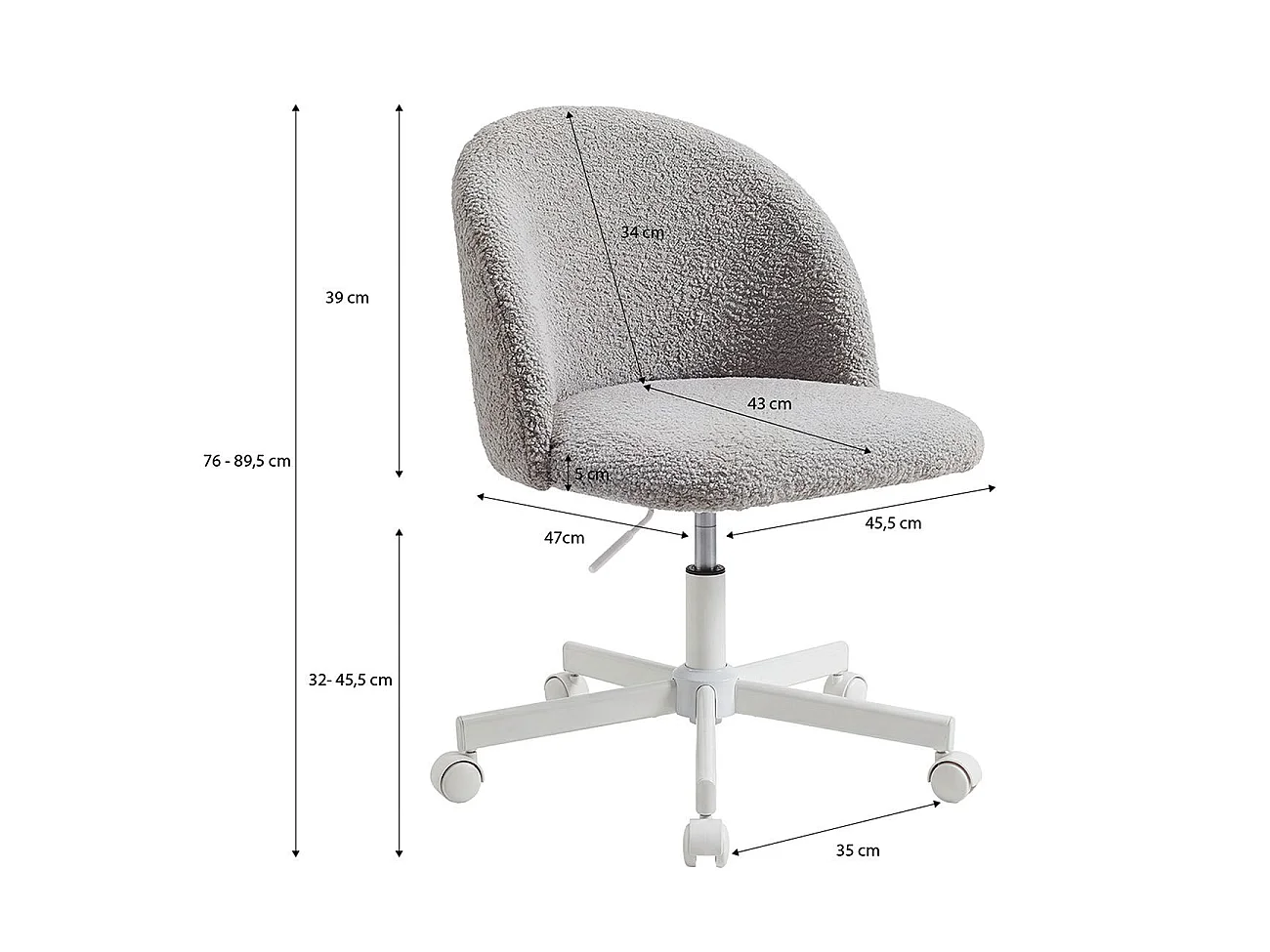 Silla de escritorio tapizada en borreguito gris claro 76-89,5 cm Candy Gris claro