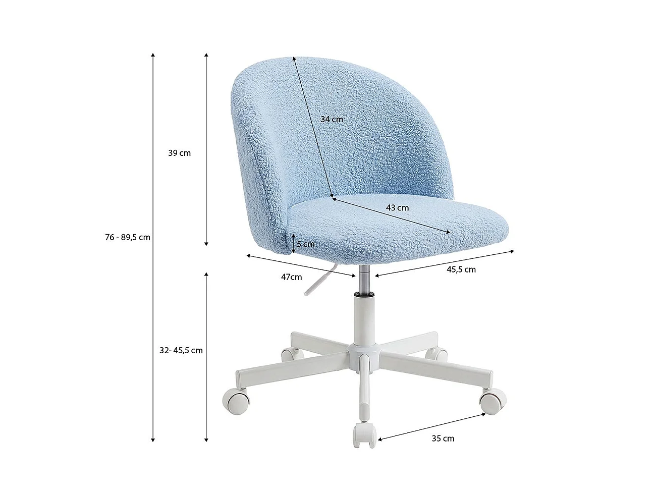 Silla de escritorio tapizada en borreguito azul claro 76-89,5 cm Candy Azul Claro
