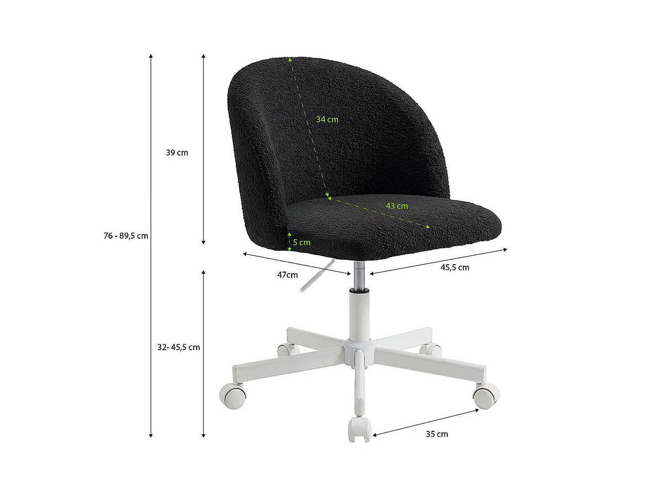 Silla de escritorio tapizada en borreguito negro 76-89,5 cm Candy Negro