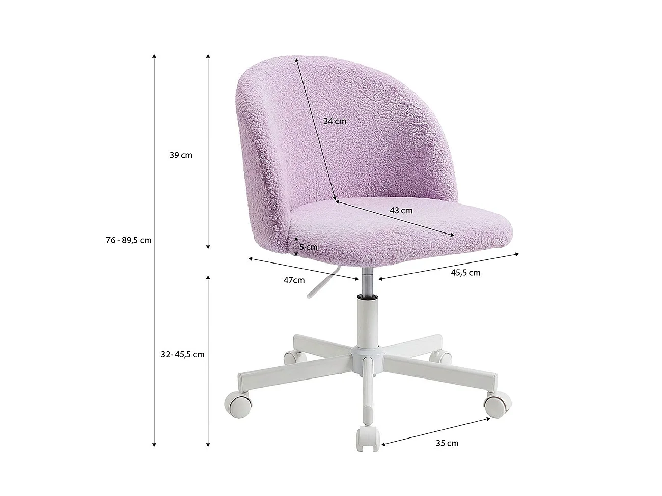 Silla de escritorio tapizada en tela bouclé 68-78 cm Candy Lila Claro