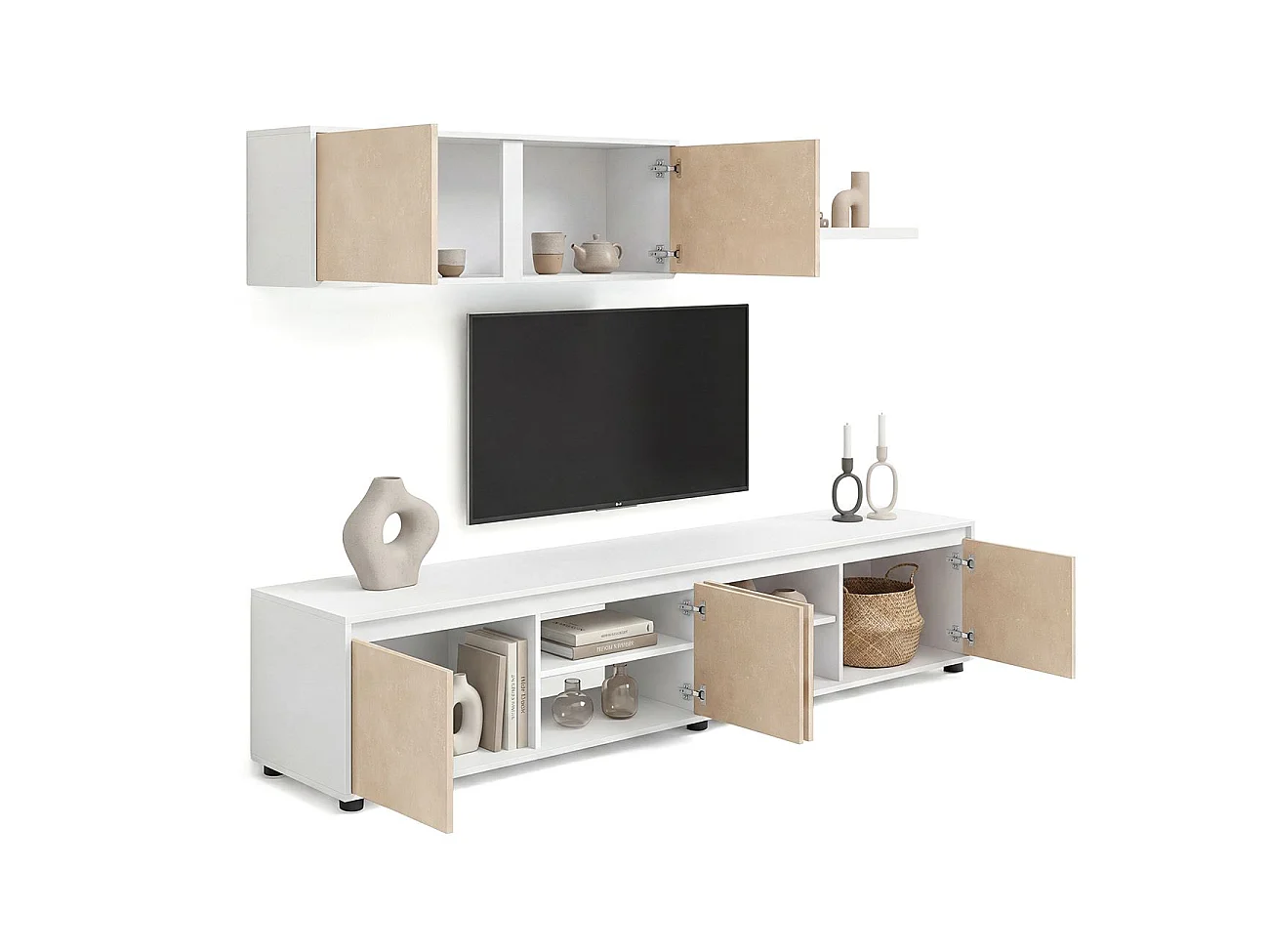 Sala de estar com móvel de televisão e estante de 200 cm Arlet Blanco Artik (Blanco Mate) - Microcemento Beige