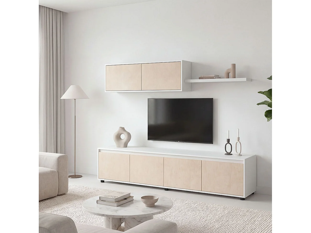 Sala de estar com móvel de televisão e estante de 200 cm Arlet Blanco Artik (Blanco Mate) - Microcemento Beige