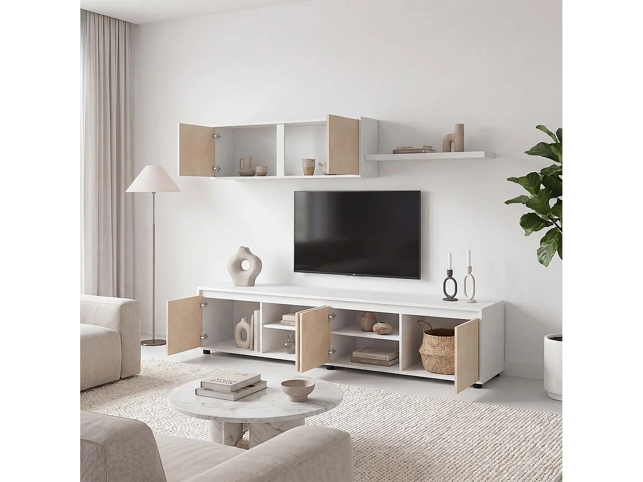 Sala de estar com móvel de televisão e estante de 200 cm Arlet Blanco Artik (Blanco Mate) - Microcemento Beige