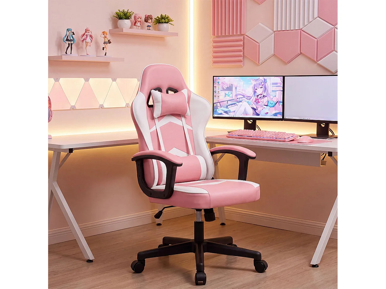 Silla gaming con altura ajustable Raptor Rosa - Blanco