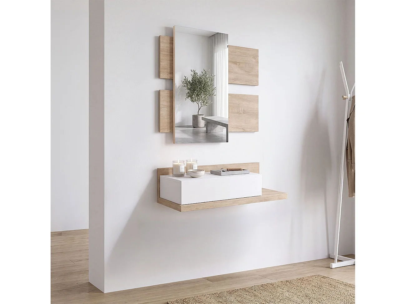Mueble recibidor Milo Roble Canadian - Blanco Artik (Blanco Mate)