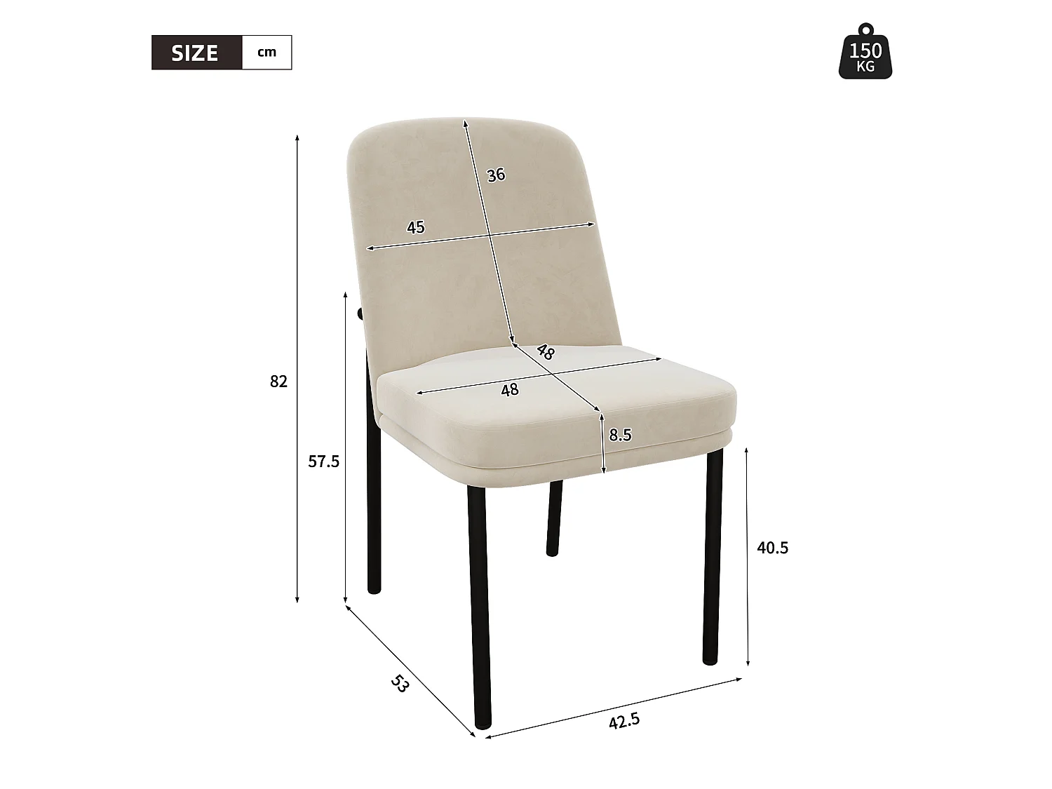 Lot de 2 chaises de salle à manger rembourrées en velours beige avec piétement métallique noir