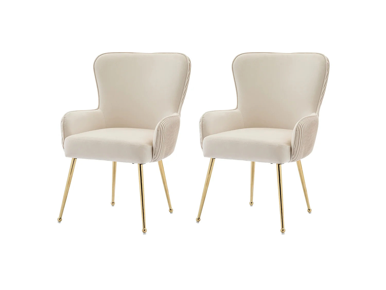 Juego de 2 sillas de comedor de terciopelo con reposabrazos y patas metálicas doradas – beige