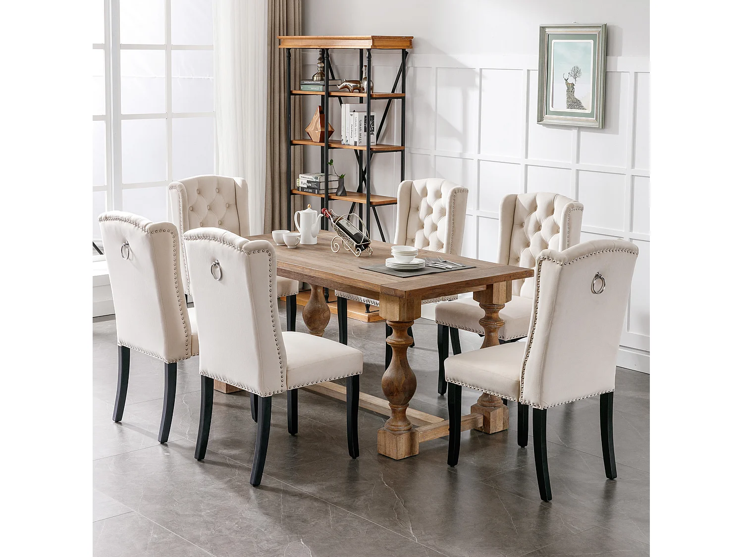 Set di 4 sedie da pranzo in velluto con gambe in rovere, bottoni e borchie decorative - beige