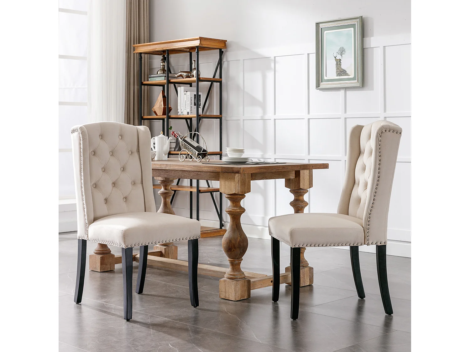 Set di 4 sedie da pranzo in velluto con gambe in rovere, bottoni e borchie decorative - beige