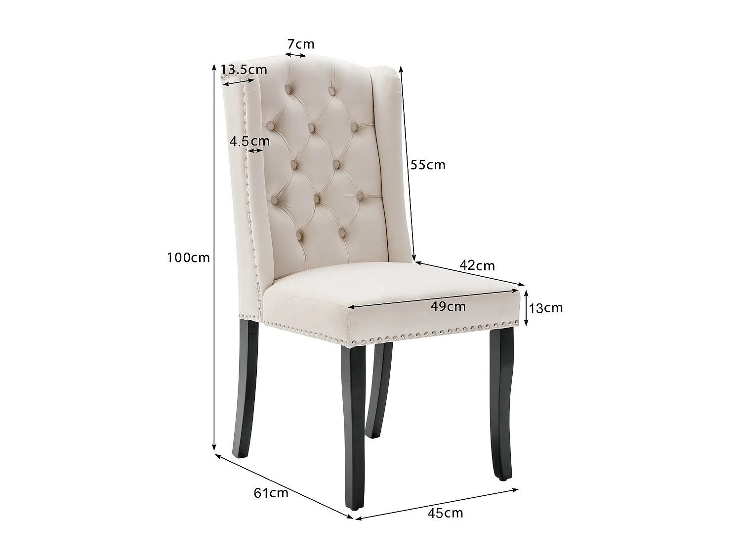 Set di 4 sedie da pranzo in velluto con gambe in rovere, bottoni e borchie decorative - beige