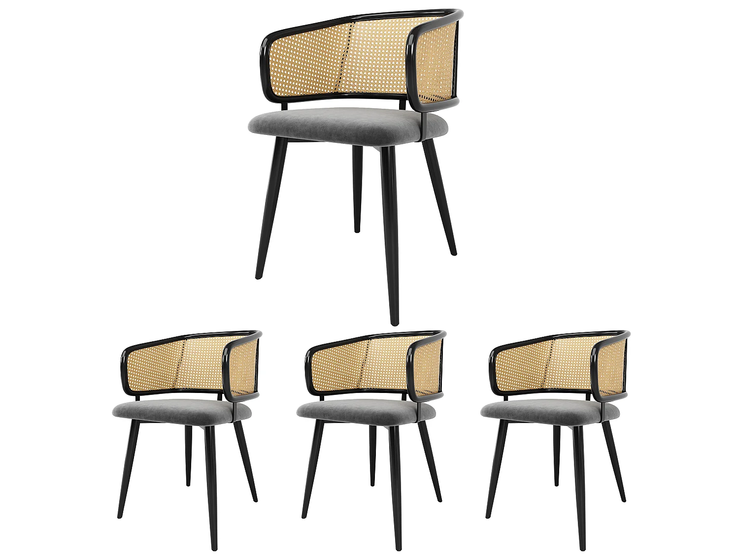 Set di 4 sedie da pranzo in velluto e metallo con schienale in rattan – grigio – per soggiorno e sala da pranzo